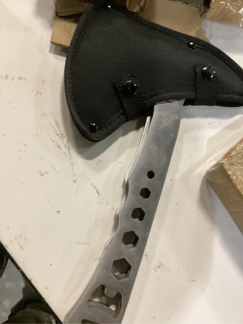Condition photo showing Good Condition for throwing stars axe throwing game for backyard, throwing axes and tomahawks set with nylon sheath, 10in throwing hatchet axe for adults competition and recreation, axe gift set for men silver