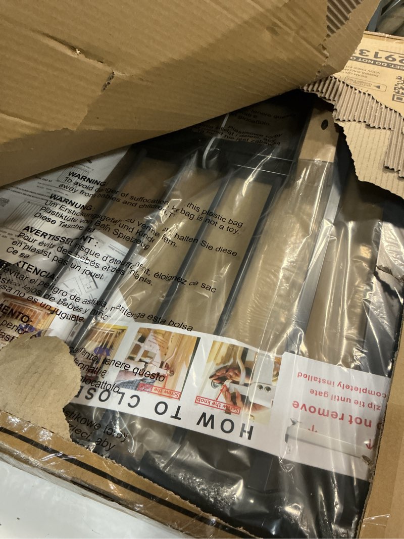 Condition photo showing Good Condition for elevon baby gate for stairs doorways, 29.1–33.8" extra wide 36” tall dog gate with auto-close, pressure mounted walk through pet gate, graphite 29.1–33.8" 36”