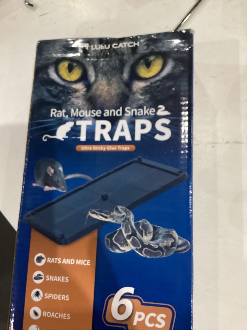 Condition photo showing Good Condition for lulucatch mouse traps, 6 pack large glue traps mouse traps indoor for home, pre-baited non-toxic bulk glue boards for mice, snakes, rat, lizard & spiders, pet safe pest control 6 pack black
