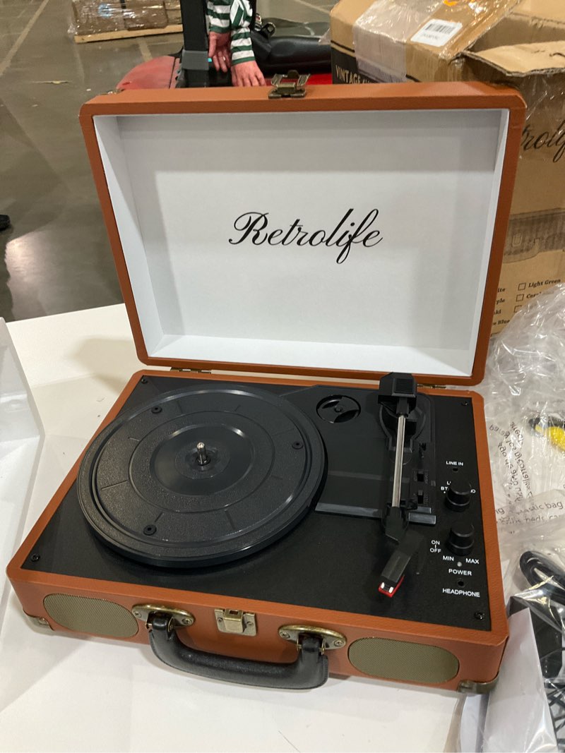 Condition photo showing Good Condition for Vinyl Record Player 3-Speed Bluetooth Suitcase Portable Belt-Driven Record Player with Built-in Speakers RCA Line Out AUX in Headphone Jack Vintage Turntable Brown