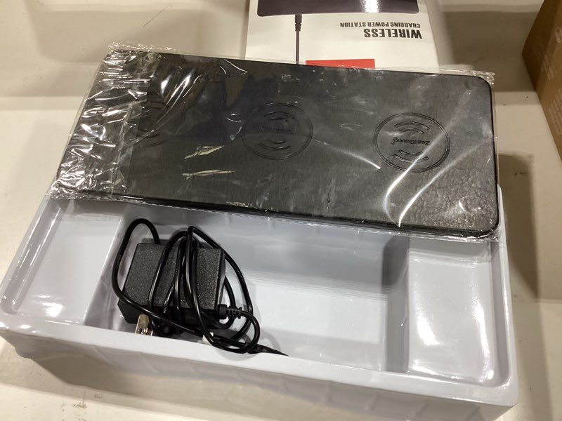 Condition photo showing Good Condition for zealsound wireless charging pad, 3 in 1 charger mat for iphone, samsung galaxy, pixel, airpods & galaxy buds, 24w adapter included, ultra slim, case friendly, pu leather, for home office & travel black 1