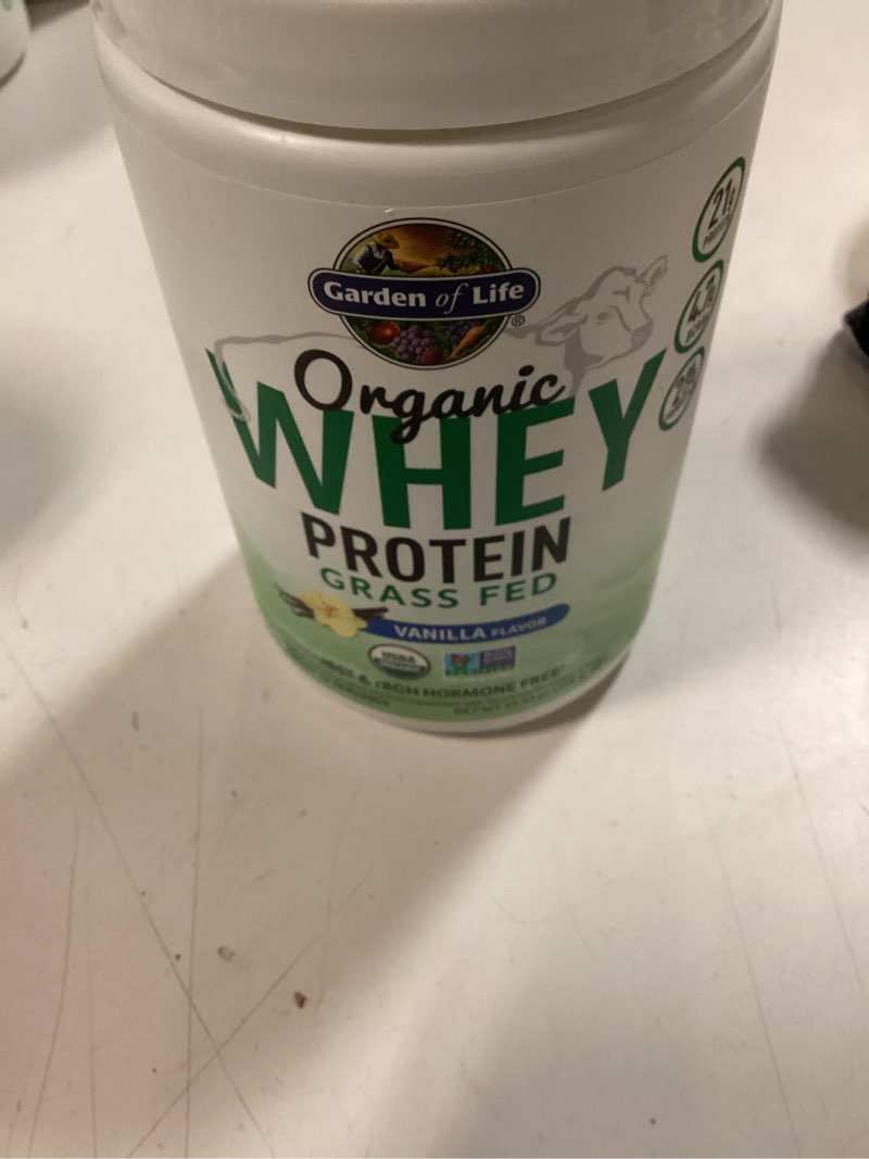 Condition photo showing New/Like New for Garden of Life Grass Fed Whey Protein Powder Vanilla - 21g Protein for Women & Men + Probiotics - 12 Servings - Gluten Free, Non GMO, Kosher, Humane, RBST & rBGH Hormone Free