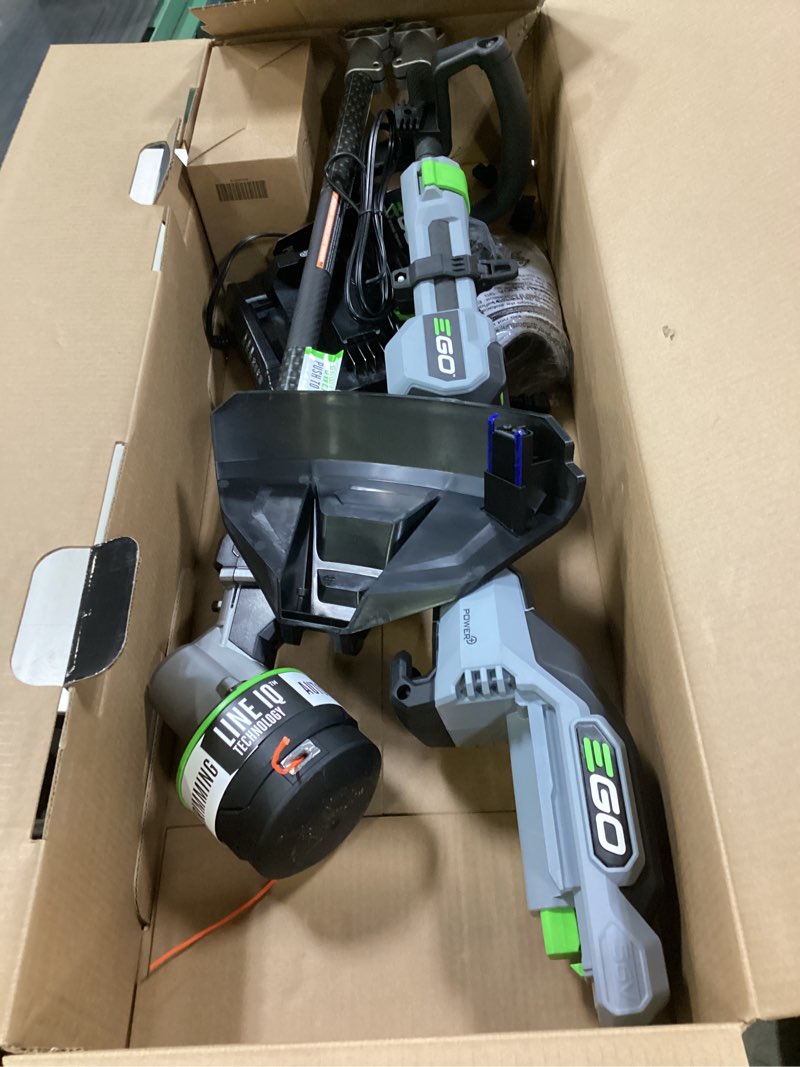 Condition photo showing As Is for ego power + powerload with line iq 56-volt 16-in telescopic shaft battery string trimmer 4 ah (battery and charger included)
