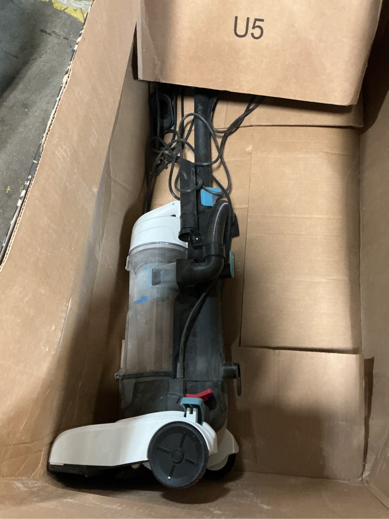 Condition photo showing As Is for Amazon Basics Upright Bagless Vacuum Cleaner for Carpet and Hard Floors, With Crevice and Upholstery Tools, Detachable Handle, Lightweight (8.4 lbs), 1.7L Dust Cup, 720W, 25ft Cord, Black/White