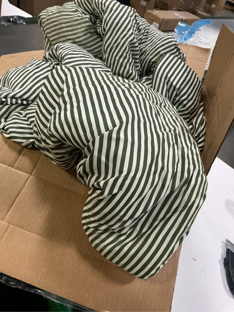 Condition photo showing As Is for JELLYMONI 100% Natural Cotton 3pcs Striped Duvet Cover Sets,White with Green Stripes Pattern Printed Comforter Cover,with Zipper Closure & Corner Ties(Queen Size)