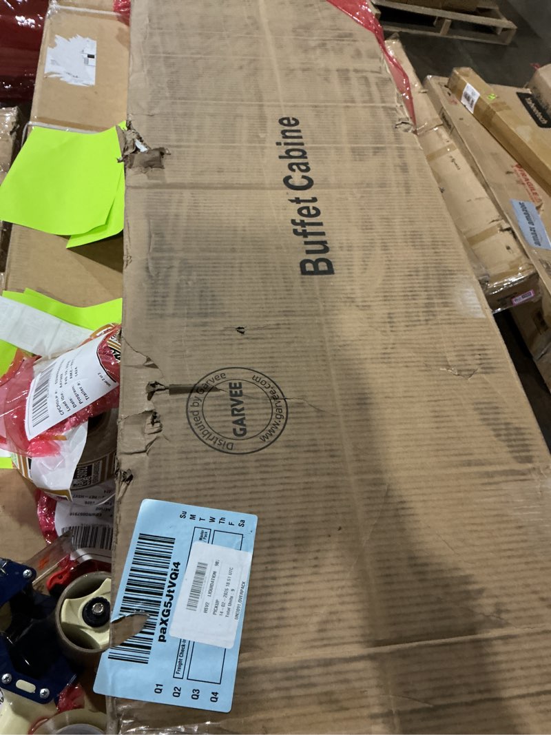 Condition photo showing Good Condition for 51" Farmhouse Buffet Sideboard Cabinet with 4 Doors, 3 Drawers, Open Shelf & Adjustable Shelves, Kitchen Storage Pantry Cabinet with Power Outlets Kitchen, Dining Room, Living Room, Black