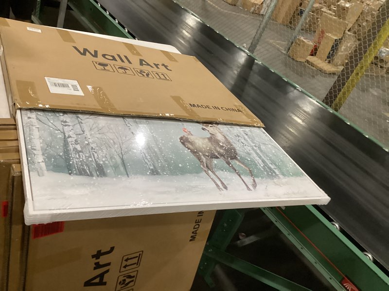 Condition photo showing New/Like New for framed nature landscape wall art, large white forest canvas prints paintings artwork for walls, modern animal deer and bird pictures for living room bedroom dining room hallway wall decor, 24x36 in 36"l x 24"w deer and cardinals in winter forest