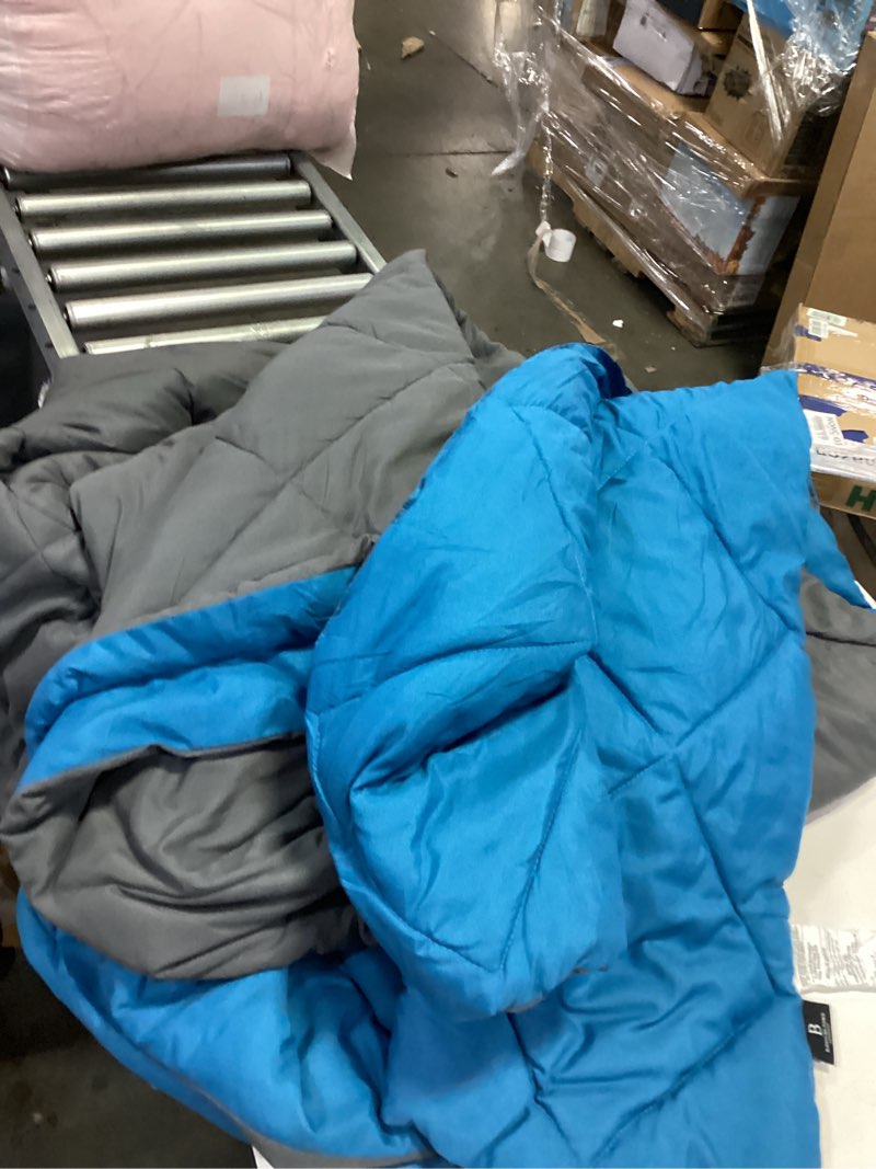 Condition photo showing As Is for Comfort Spaces Vixie Reversible Comforter Set - Trendy Casual Geometric Quilted Cover, All Season Down Alternative Cozy Bedding, Matching Sham, Teal/Charcoal, Full/Queen 3 piece