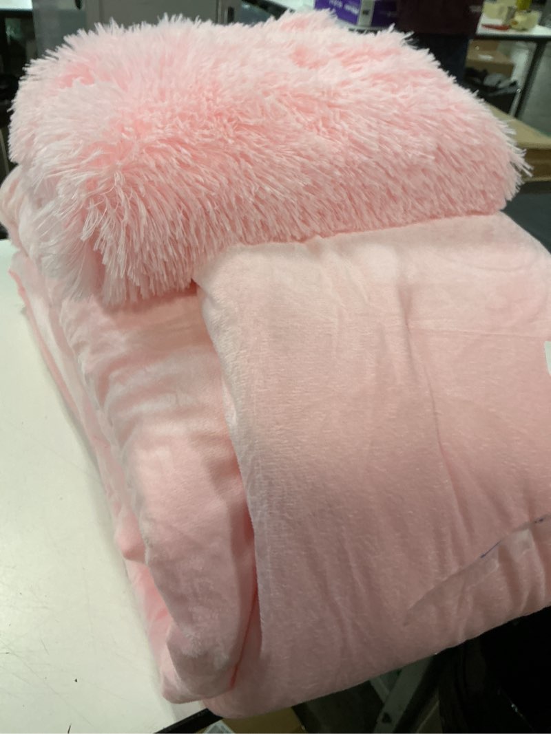 Condition photo showing Good Condition for andency faux fur pink comforter set king size, 3 pieces fluffy fuzzy plush bedding comforter set (1 shaggy velvet comforter & 2 pillowcases), soft puffy comfy down alternative comforter bedding set 04 - pink king (104"x90")