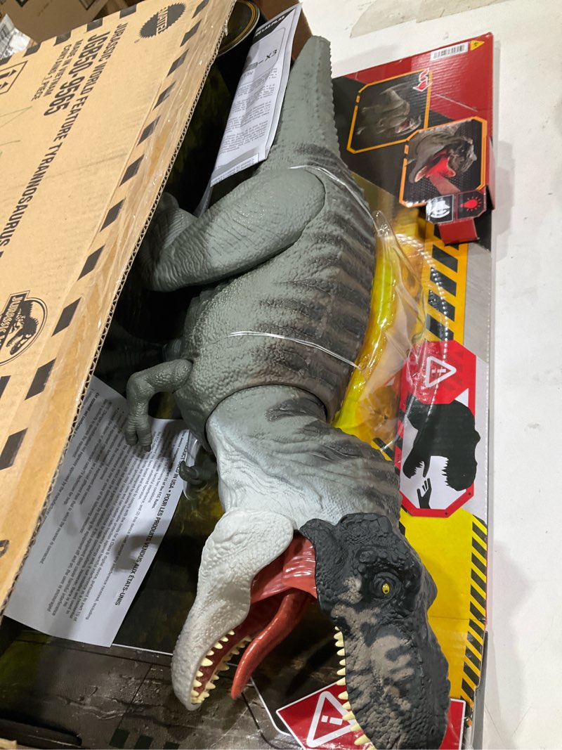 Condition photo showing Good Condition for mattel jurassic world rebirth power devour tyrannosaurus rex dinosaur figure with tongue activated constant chomp, lights & sounds, digital play
