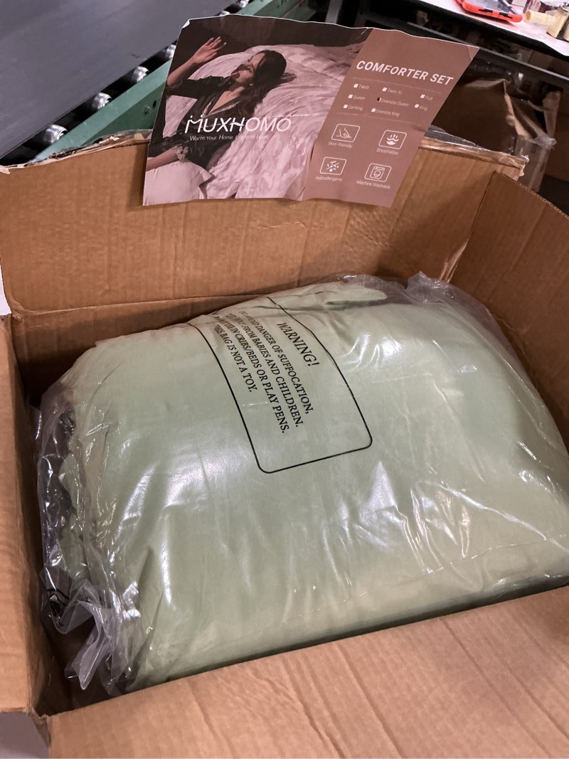 Condition photo showing As Is for light green bedding, oversized queen