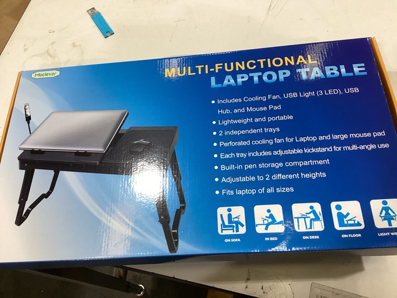 Condition photo showing New/Like New for Moclever Laptop Bed Stand – Adjustable Laptop Table with Cooling Fan, Foldable Laptop Desk with USB Hub, LED Light & Storage – Multi-Functional Computer Tray for Bed, Sofa, Home, and Office