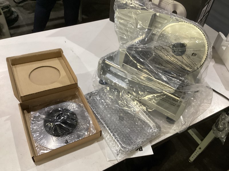 Condition photo showing New/Like New for meat slicer, 200w meat slicer machine for home, dc motor quiet deli slicer with 2 removable 7.5'' stainless steel blades, adjustable dial for 0-15mm, electric food slicer for meat, cheese, bread