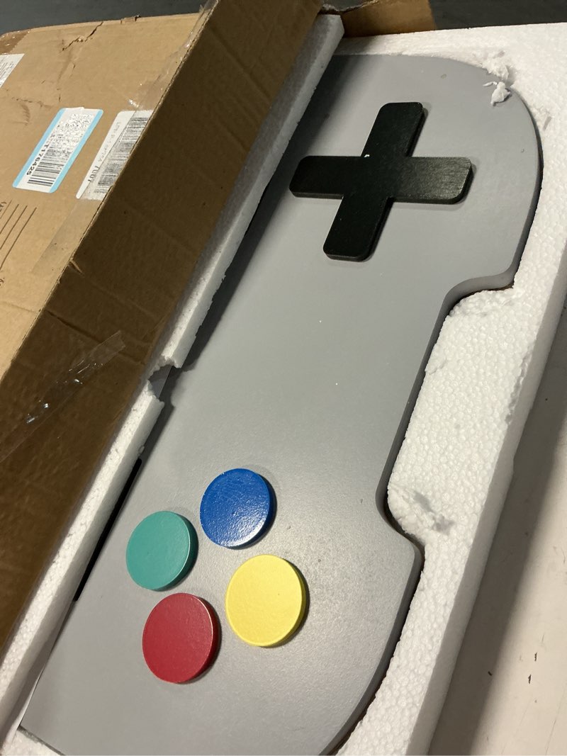Condition photo showing Good Condition for game room decor gaming floating shelf for wall - retro controller shaped wooden display rack with hooks for controllers and headphones, gray, gaming room organizer for boys and teens grey