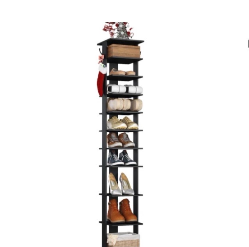homefort 10-tier vertical shoe rack, corner shoe tower, slim shoe organizer with two hanging hooks, wooden shoe storage stand for entryway, hallway, closet (black)