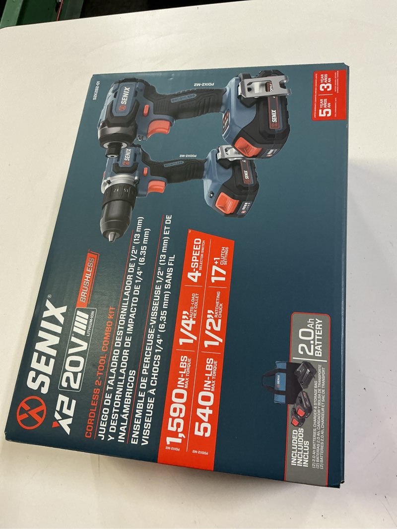 Condition photo showing New/Like New for senix x2 20-volt 2-tool brushless power tool combo kit with soft case (2-batteries included and charger included)