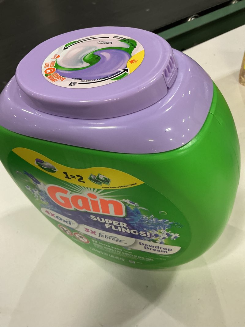 Condition photo showing Good Condition for gain super sized flings laundry detergent pacs, relax, 3-in-1 detergent pacs with febreze and oxi, 32 count