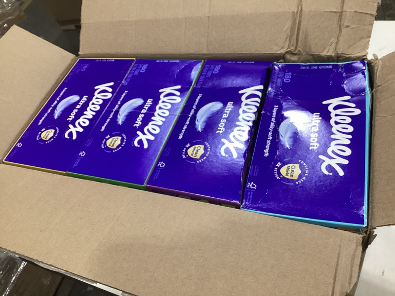 Condition photo showing As Is for kleenex ultra soft facial tissues, 8 flat boxes, 180 tissues per box, 3-ply, packaging may vary