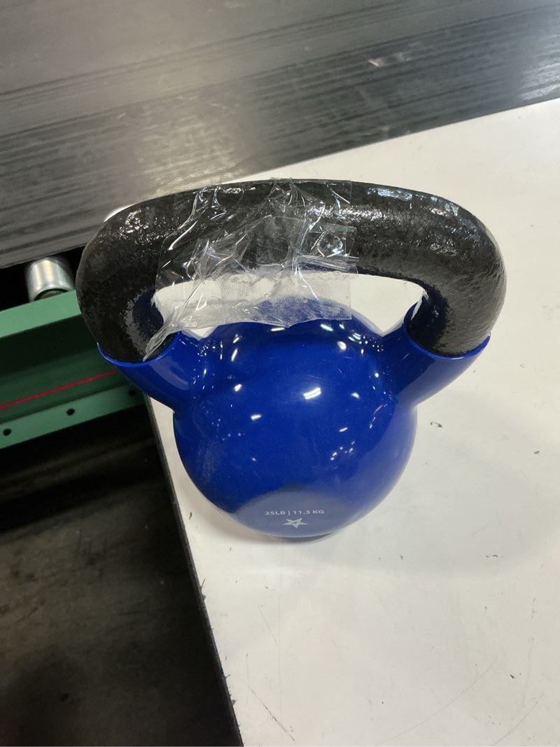 Condition photo showing As Is for yes4all kettlebell, 5-100 lb vinyl coated cast iron strength training kettlebells for home gym exercises, fitness, full body workout equipment, push ups, and grip strength e. 25lb - dark blue vinyl coated