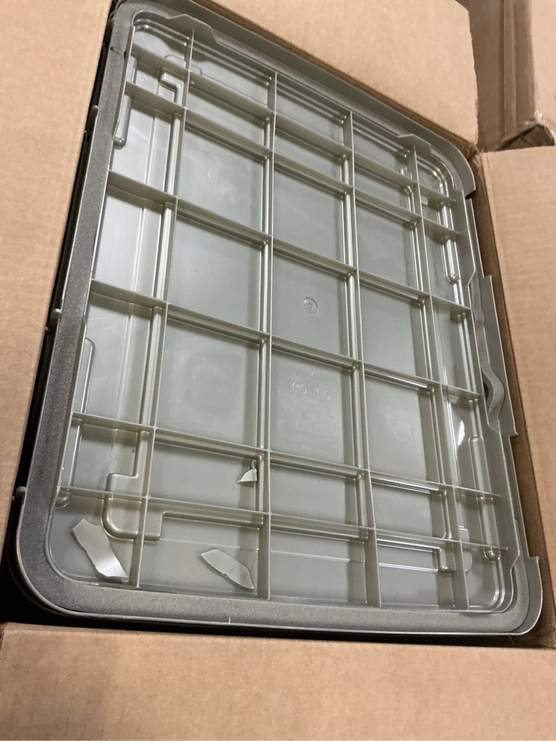 Condition photo showing As Is for iris usa 27 qt storage bins with gasket seal lid, 3 pack - bpa-free, heavy duty moving containers tight latch, weather proof tote, weatherpro - clear/chrome 27 qt. - 3 pack