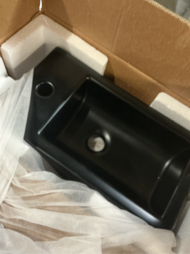 Condition photo showing As Is for Corner Bathroom Sink with Faucet-Bokaiya 18 Inch Small Wall Mount Bathroom Sink Narrow Space Sink Matte Black Porcelain Ceramic Cloakroom Mini Vanity Vessel Sink, Left Hand 18\" L x 9.8\" W( Left Hand) Matte Black (missing parts)
