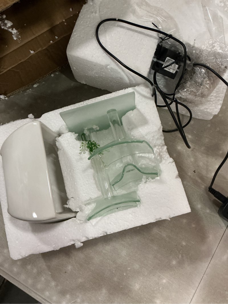 Condition photo showing As Is for ceramic and glass tabletop fountain for indoor and home decoration table desk office patio white