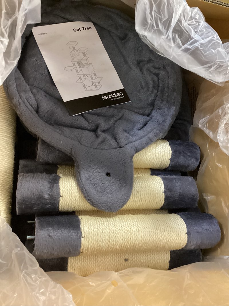 Condition photo showing Good Condition for feandrea cat tree, 73.2-inch tall cat tower, plush multi-level condo with 5 scratching posts, 2 perches, 2 caves, hammock, 2 pompoms, smoky gray upct191g01