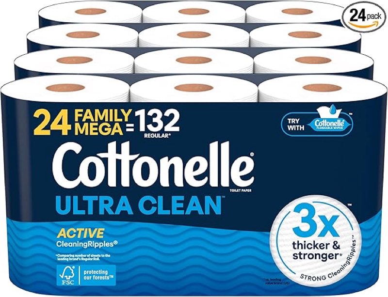 Cottonelle Ultra Clean Toilet Paper with Active CleaningRipples Texture, Strong Bath Tissue, 24 Family Mega Rolls = 132 Regular Rolls (4 Packs of 6)