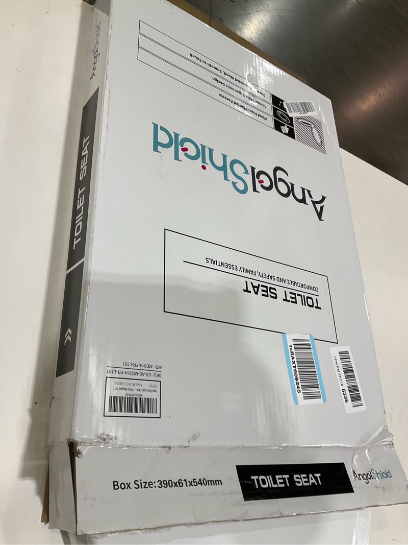 Condition photo showing As Is for Elongated Toilet Seat Angol Shiold Quiet-Close Molded Wood Toilet Seat with Non-Slip Adjustable Hinges, Anti-Pinch Bumpers, Easy Install & Clean?White, Elongated 18.5''? Elongated 18.5‘’ White