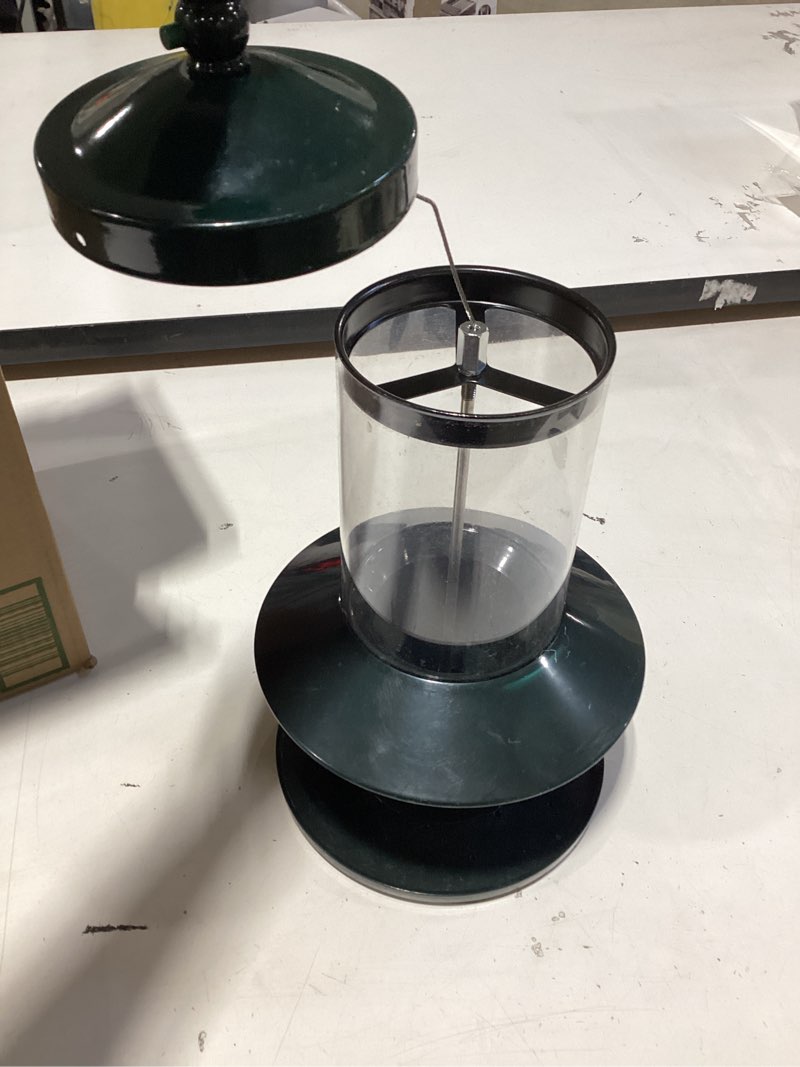 Condition photo showing As Is for squirrel proof bird feeder - 360° feeding perch tray for outdoor hanging wild bird seeds, dark green. 11"h dark green