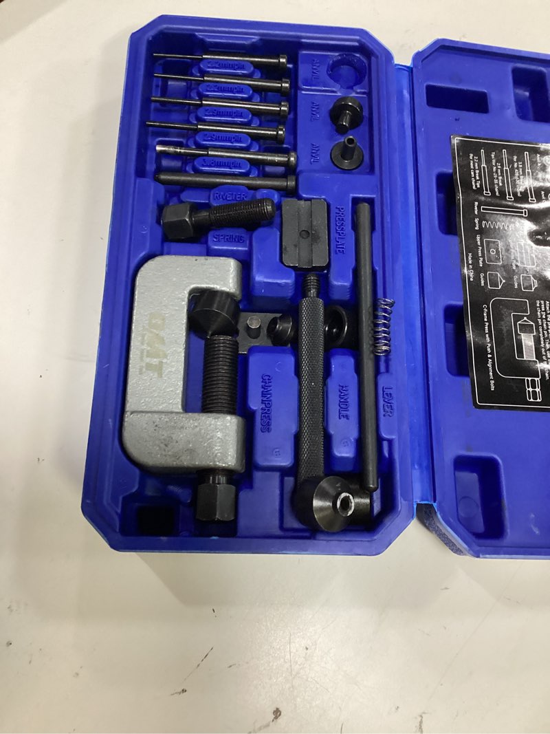 Condition photo showing Good Condition for orion motor tech motorcycle chain rivet tool, 20pc motorcycle chain tool kit with powder coated c frame 5 pins pre-press cap, pro bike atv motorcycle chain breaker removal tool for 25 to 630 chains
