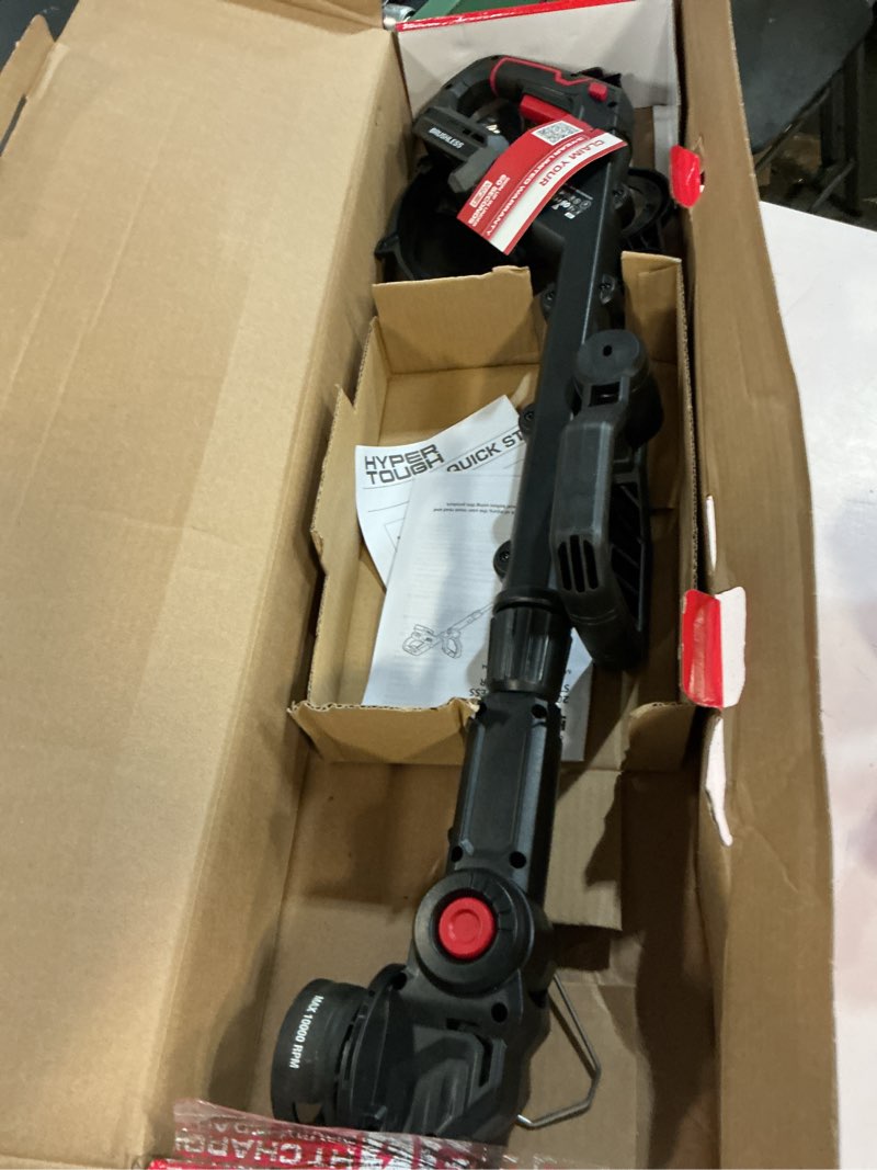 Condition photo showing As Is for hyper tough 12" 20v brushless cordless string trimmer with 20v max 2.0ah battery and charging cable