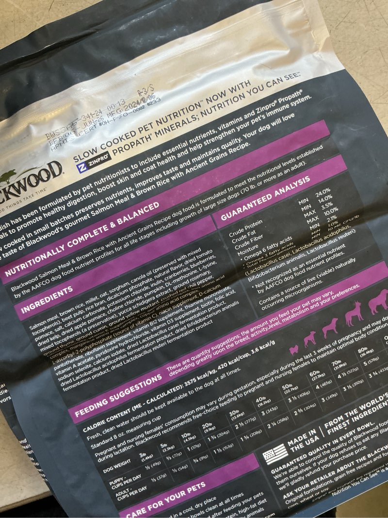 Condition photo showing New/Like New for (Best by 06/JUN/2026) Blackwood Sensitive Skin & Stomach Dry Dog Food, Salmon Meal & Brown Rice with Ancient Grains, 4.5 Pound Bag with Prebiotics & Probiotics to Promote Gut Health Salmon Meal & Brown Rice with Ancient Grains 4.5 Pound (Pack of 1)