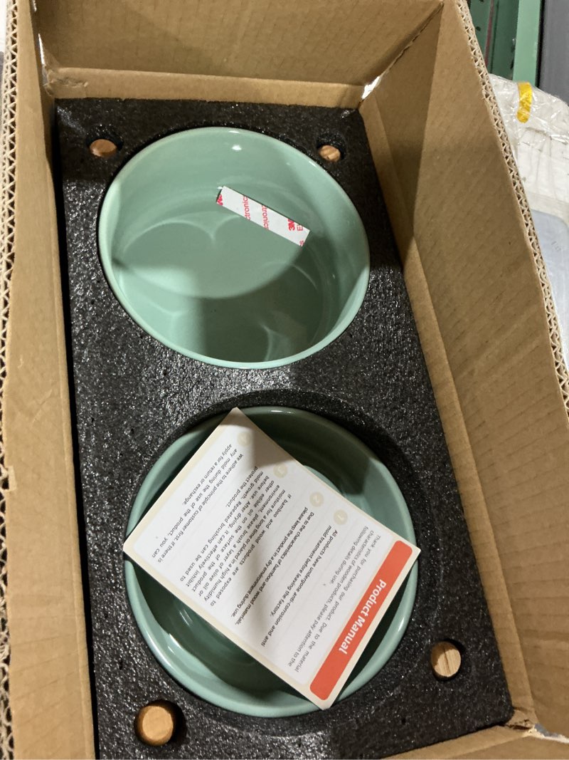 Condition photo showing Good Condition for ceramic 0.9 cup raised dog slow feeder set, elevated bowl with wooden stand for small dog and cat, 6.1inch puzzle slow dog food dish, anti-gulping(light green, single bowl+ stand) 6.1inch-new 1 x light green+stand-a