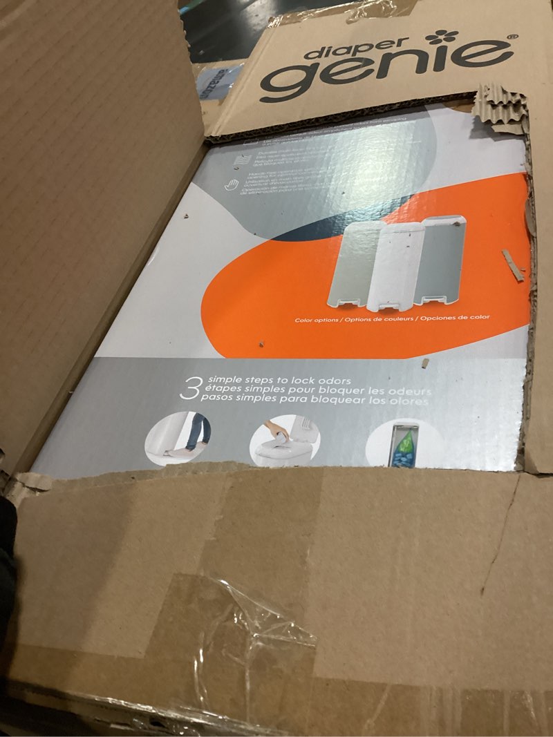 Condition photo showing New/Like New for Diaper Genie Platinum Pail (Stone Grey) is Made in Durable Stainless Steel and Includes 1 Easy Roll Refill with 18 Bags That can Last up to 5 Months.
