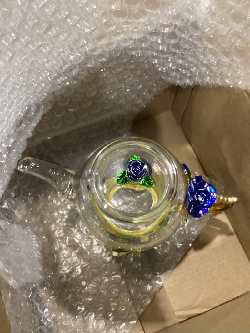 Condition photo showing New/Like New for glass teapot -300 ml (10 oz) - blue rose flower butterfly decoration heat resistant glass teapot kettle loose leaf teapot tea party set (blue)
