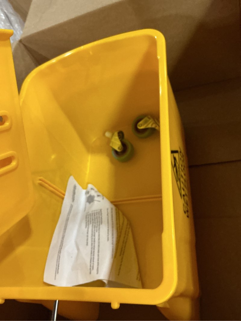 Condition photo showing As Is for mind reader mop bucket with wringer (mop not included), 5.5 gallon cleaning bucket with wheels and handle, upward press wringer, small mop compatible, yellow mop bucket only yellow