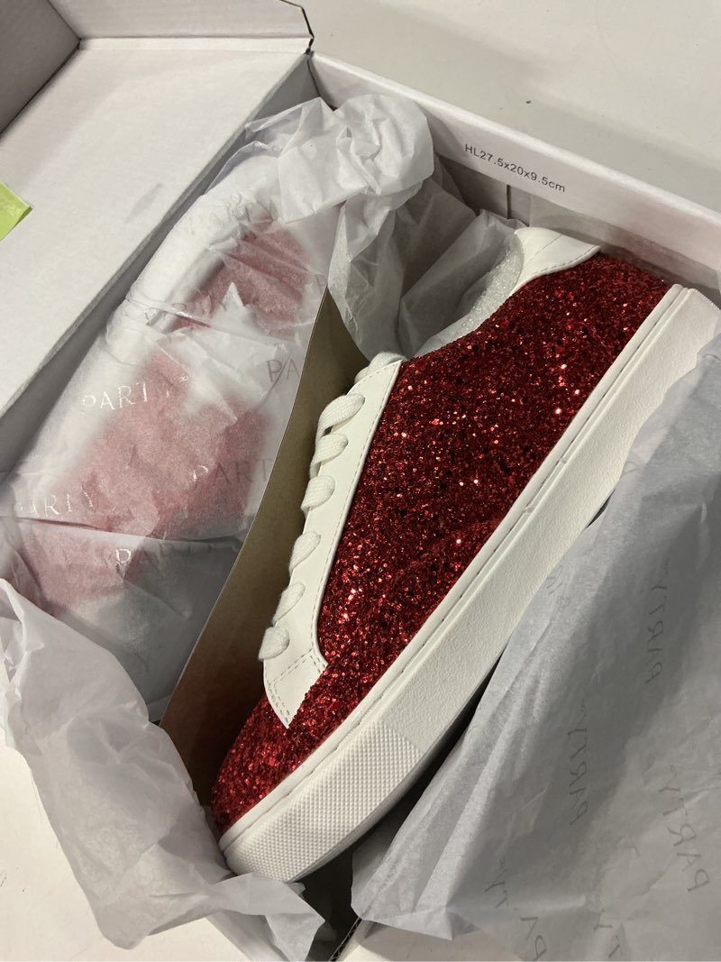 Condition photo showing New/Like New for party women's fashion sneaker lace up low top comfortable cushioned walking shoes 7 red glitter