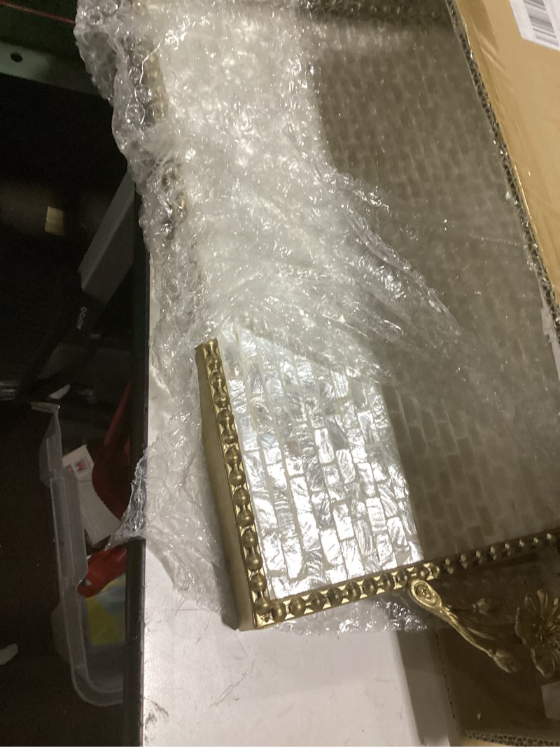 Condition photo showing New/Like New for handcrafted large rectangular capiz shell inlay decorative tray, 20.47" x 12.02", retro luxurious metal frame with handle breakfast tray, coffee table, makeup table storage service tray