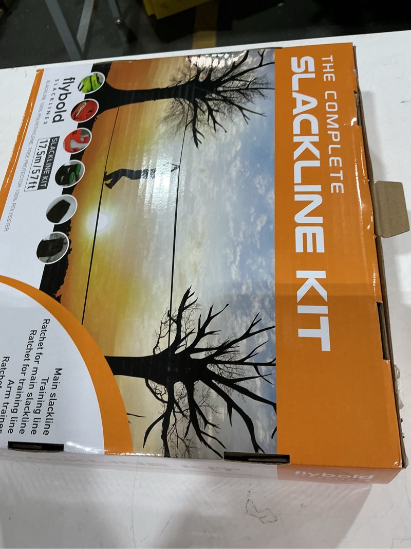 Condition photo showing New/Like New for flybold slackline kit for kids and adults - 57 ft balance rope with training line, tree protectors, arm trainer, ratchet cover, and carry bag - ideal for tightrope walking and slackline zipline complete kit