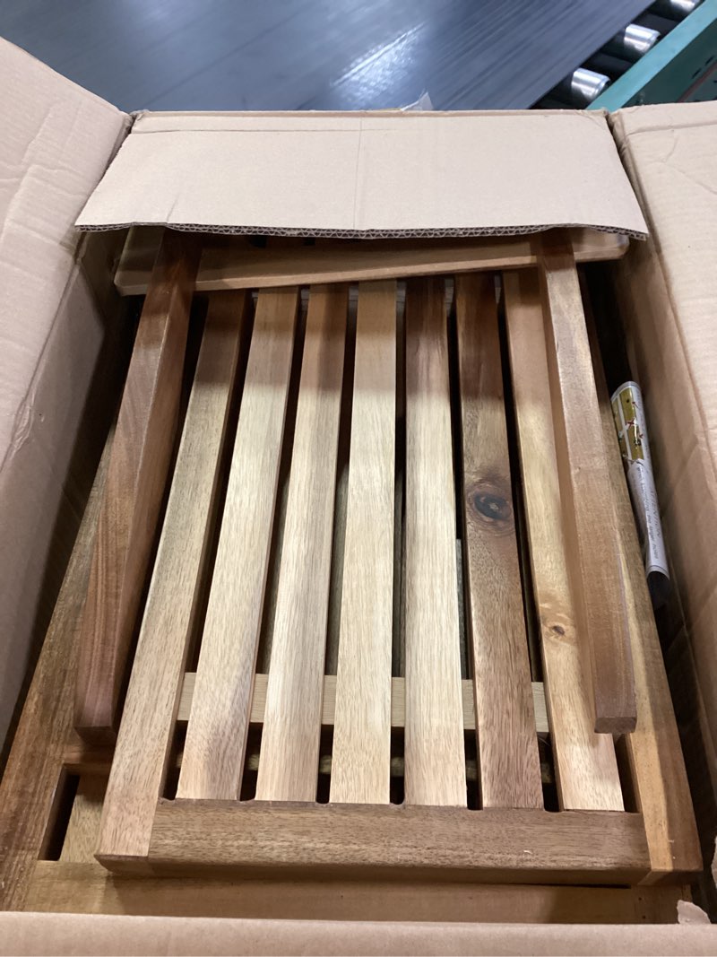 Condition photo showing Good Condition for ENKEZI Shower Bench Stool Waterproof with Storage Shelf for Inside Shower, Spa, Bath Seat in Bathroom, Acacia Shower Chair for Elderly and Disabled with Back