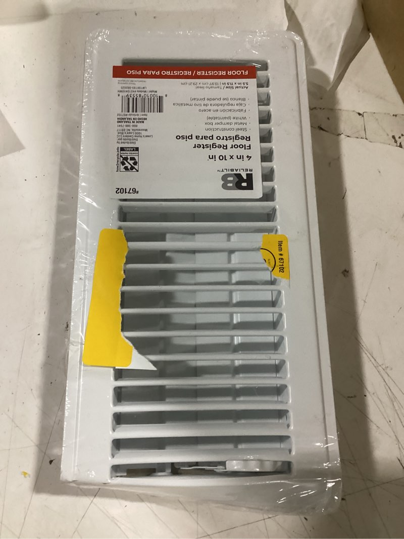Condition photo showing As Is for reliabilt 4-in x 10-in steel white floor register
