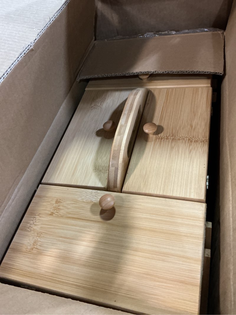 Condition photo showing Good Condition for wooden sewing box organizer for sewing supplies,sewing crafting hobby storage box, 3 tier drawers for craft tools, needles assorted