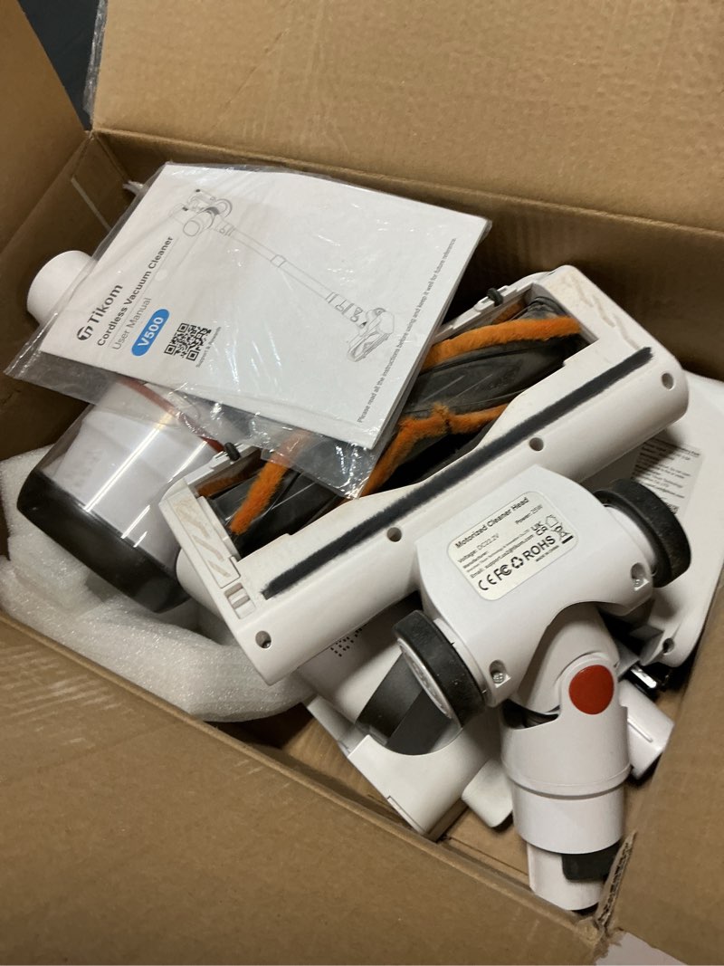 Condition photo showing As Is for tikom v500 cordless vacuum cleaner for home, 40000pa/450w stick vacuum with led touch screen, charging wall dock, anti-tangle, lightweight handheld vacuum for pet hair, hard floor, carpet orange&white