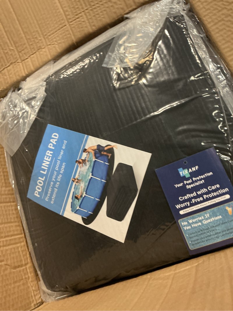 Condition photo showing As Is for 18ft pool liner pad 350g/m² thicker,seamless above ground pool liner, thicker durable geotextile material, pre-cut heavy duty round pool liner pad, puncture protection,extend liner life(black)