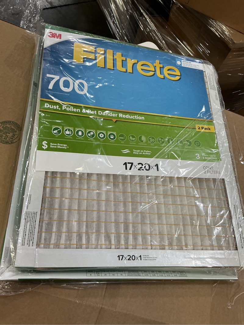 Condition photo showing Good Condition for Filtrete 17x20x1 AC Furnace Air Filter, MPR 700, MERV 8, Tough on Pollen, Easy on Airflow, 3-Month Pleated 1-Inch Electrostatic Air Cleaning Filter, 2-Pack (Actual Size 16.69 x 19.69 x 0.81 in)