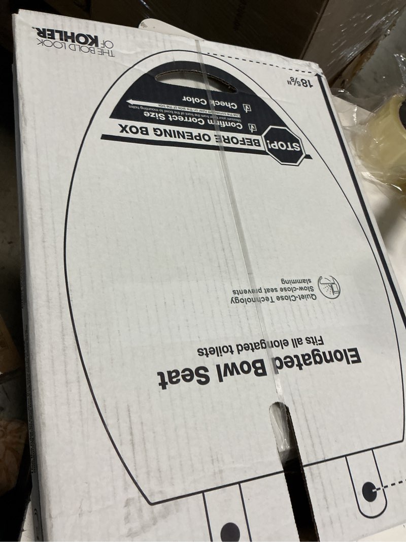 Condition photo showing New/Like New for kohler k-20110-0 brevia elongated toilet seat with grip-tight bumpers, quiet-close seat, quick-attach hardware, white