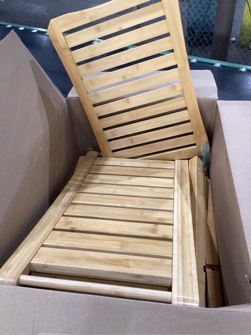 Condition photo showing New/Like New for bamboo shower stool bench,shower chair for inside shower with storage shelf | natural bamboo,large storage,ergonomic curved design,a-shaped stable construction,non-slip rubber feet,hold 300lbs natural bamboo large