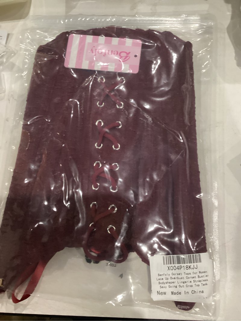 Condition photo showing New/Like New for Corset Tops for Women Lace Up Overbust Corset Bustier Halloween Costume Strapless Sexy Going Out Crop Top Tank Small Burgundy