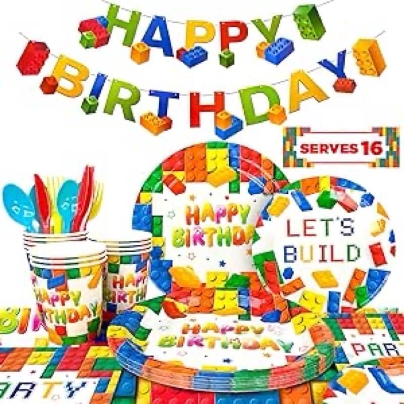 100Pcs Happy Birthday Decorations, Party Decorations, Birthday Party Supplies Set Includes Paper Birthday Plates, Napkins, Cups, Tablecloth, Tableware Set, Banner, Serves16 block party 